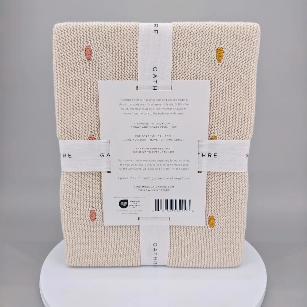 Gathre Dotted Scallop Knit Throw Blanket 100% Cotton Cream Multi 48x58 New
